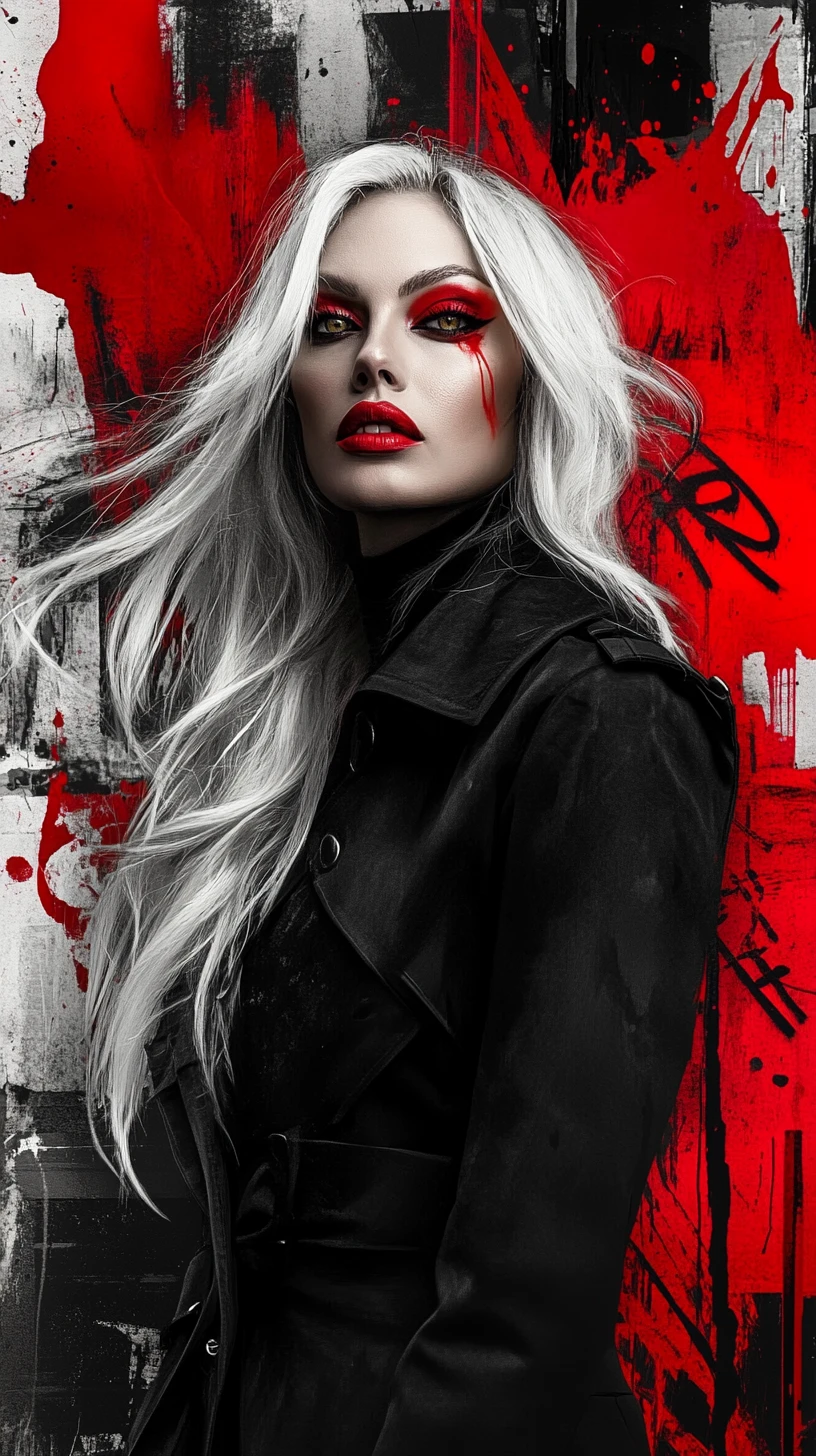 Intense platinum blonde woman in black coat portrait
