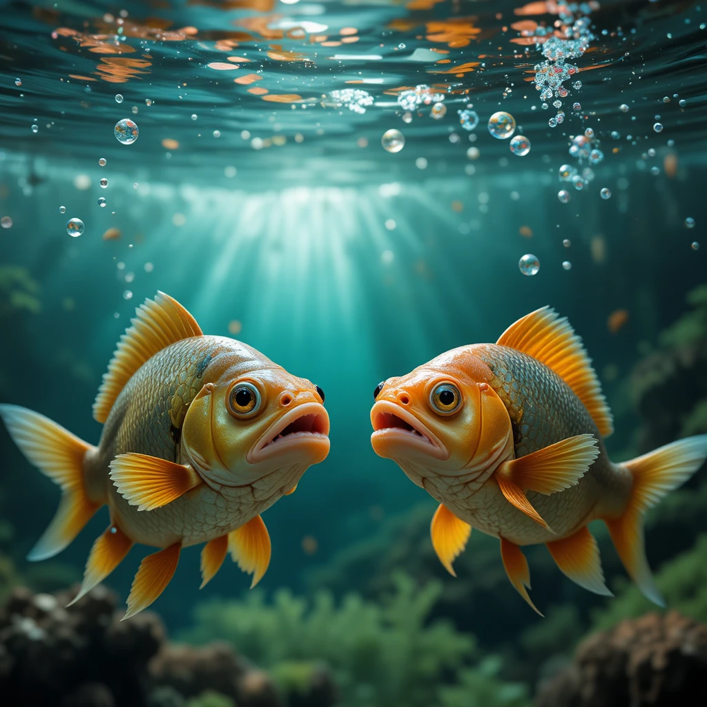 Deux poissons qui parlent et partagent leurs émotions dans une scène de rivière