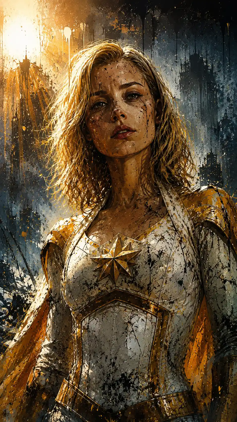 Heroic woman in ruined snowy city with dramatic lighting