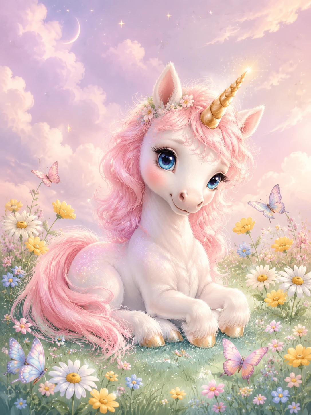 Dolce unicorno bebé in illustrazione per cameretta con prato pastello