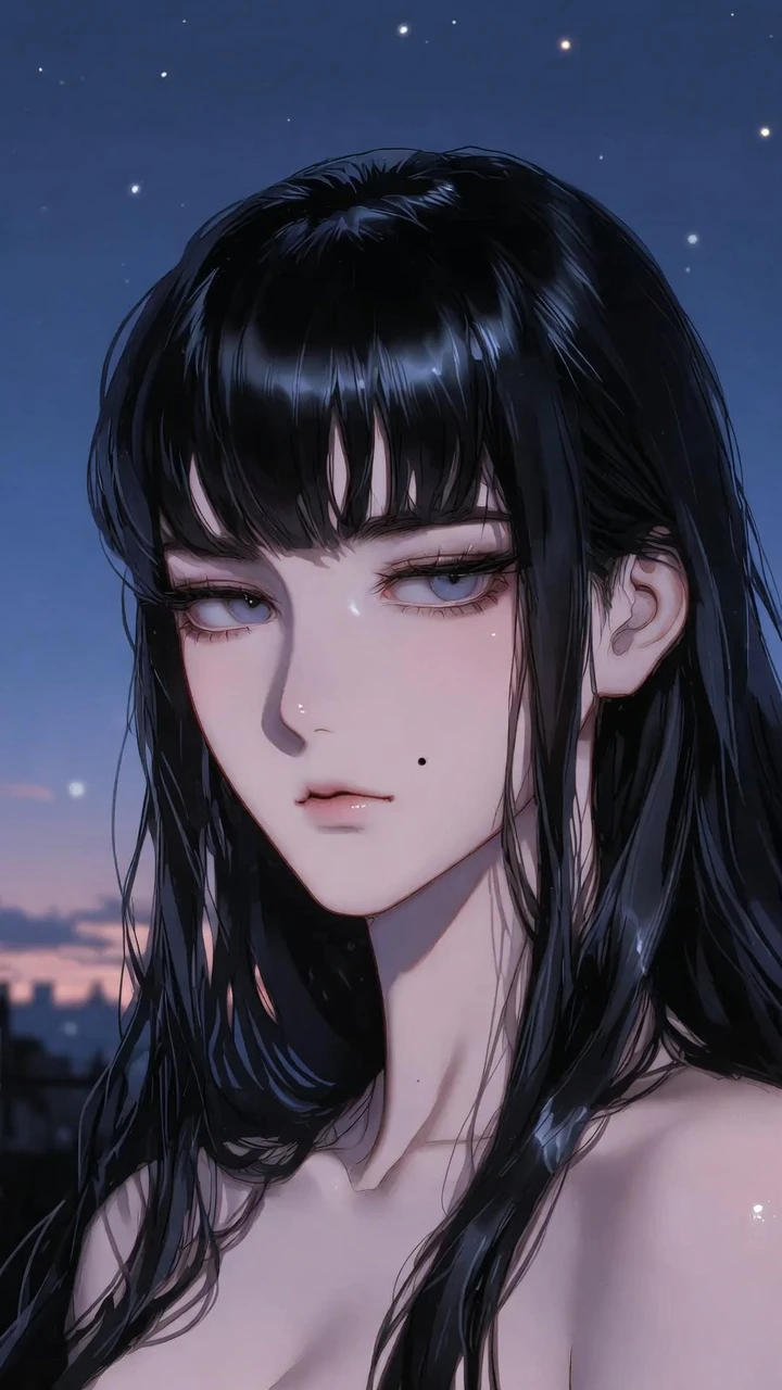 澄淨薄暮夜空下的優雅動漫少女