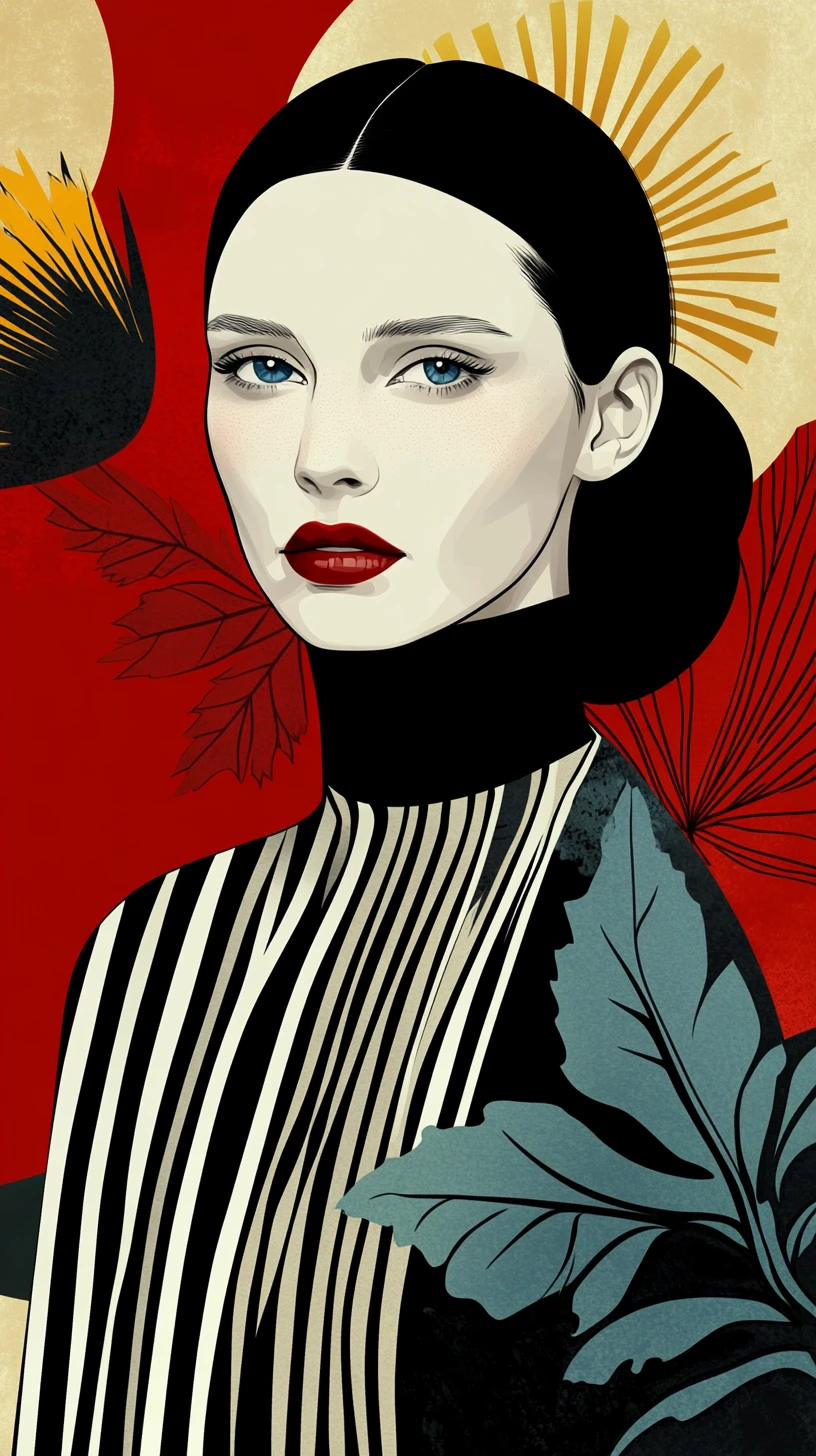 Elegant woman portrait in bold striped fashion and florals