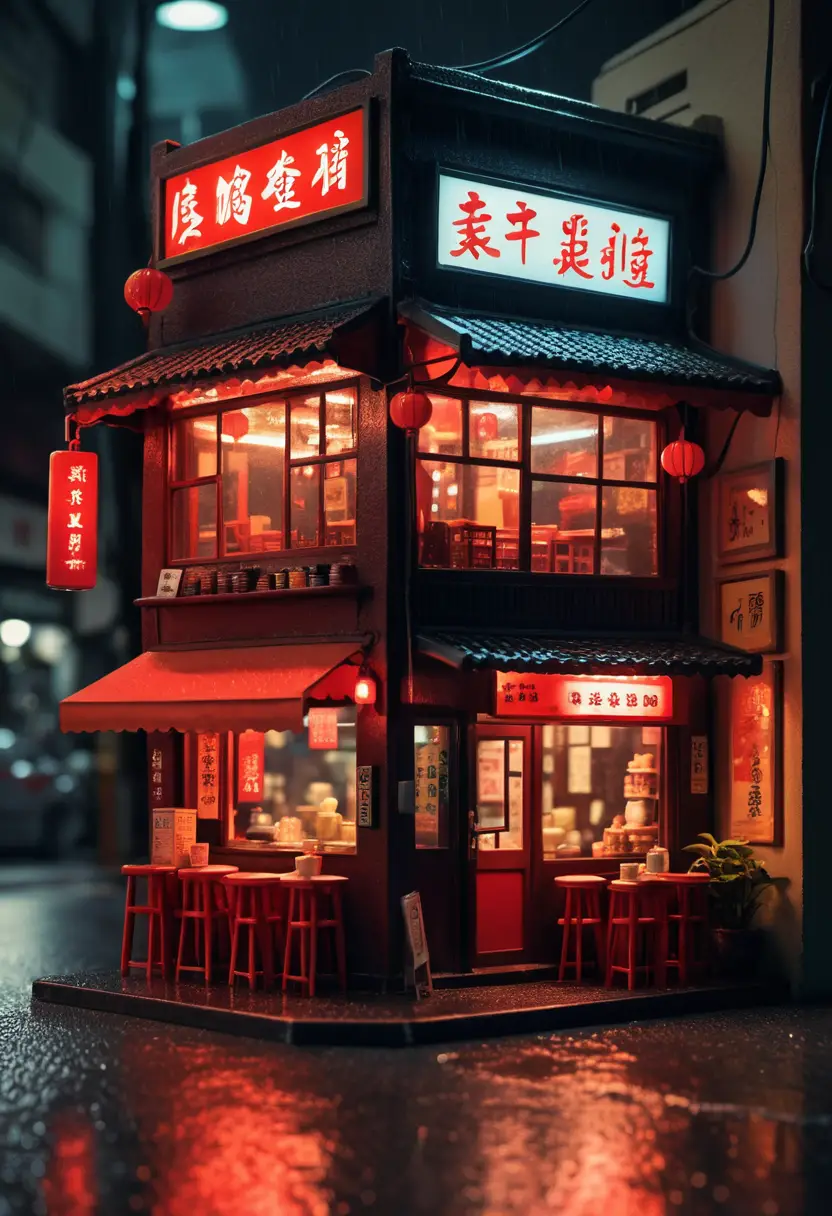 夜晚微型霓虹香港茶餐廳模型