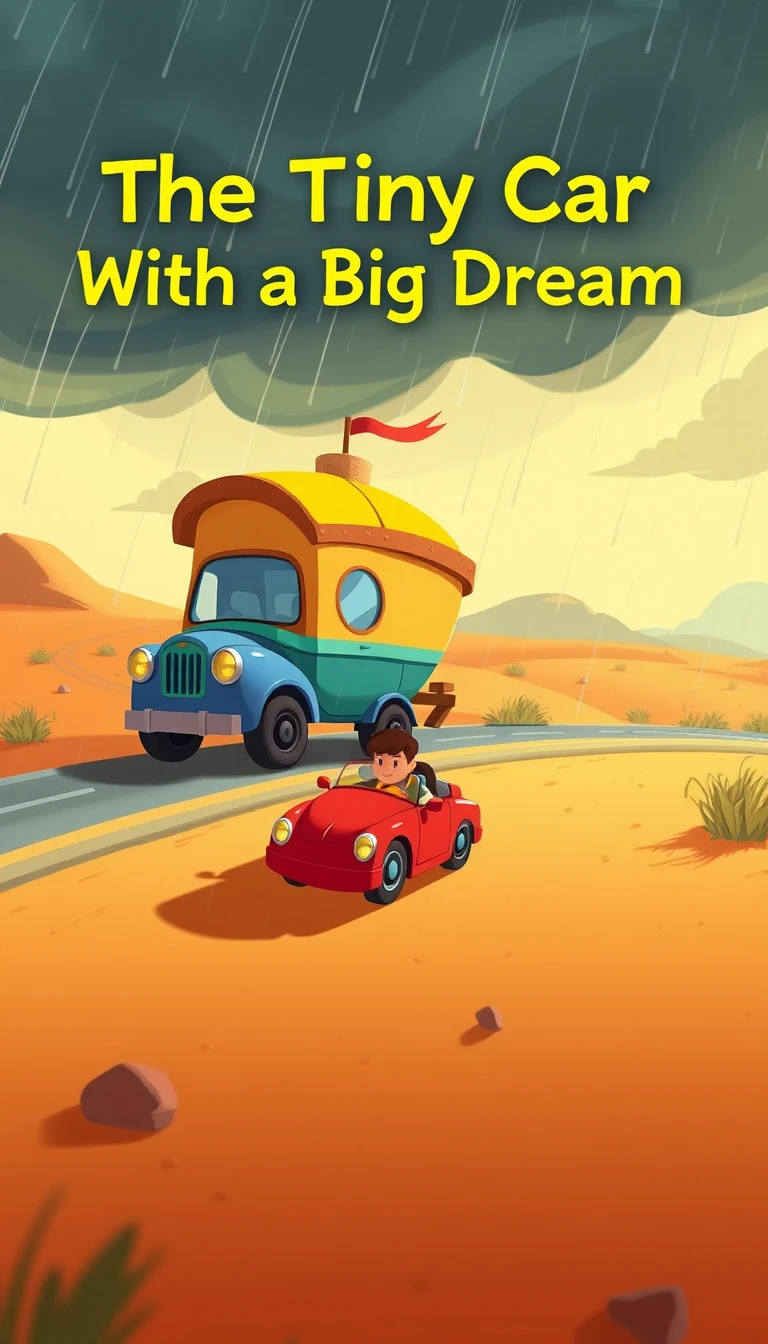 Pequena caravana de desenho animado viajando pela areia ventosa do deserto
