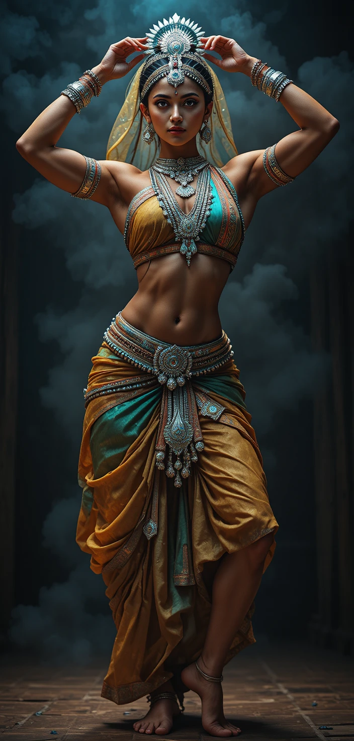 Forte dançarina de Odissi do sul da Índia em saree de seda tradicional