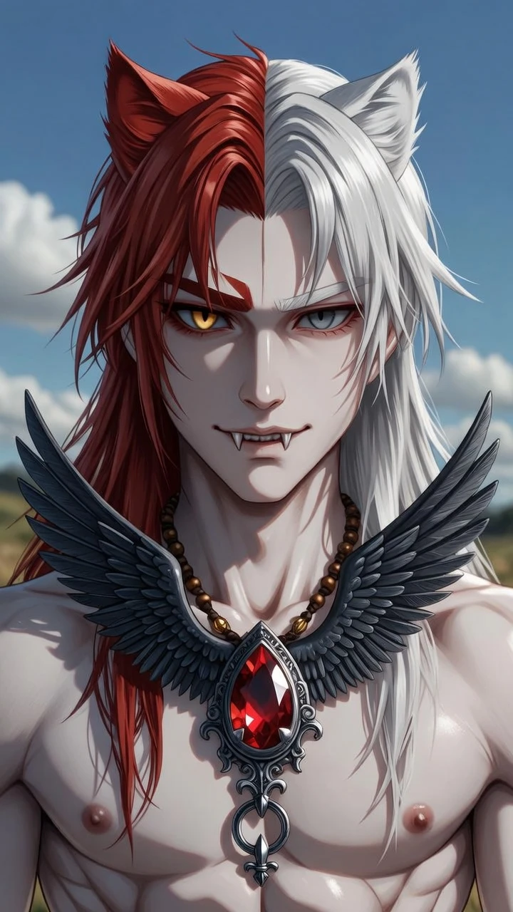 Homem de anime com heterocromia sob um céu azul claro
