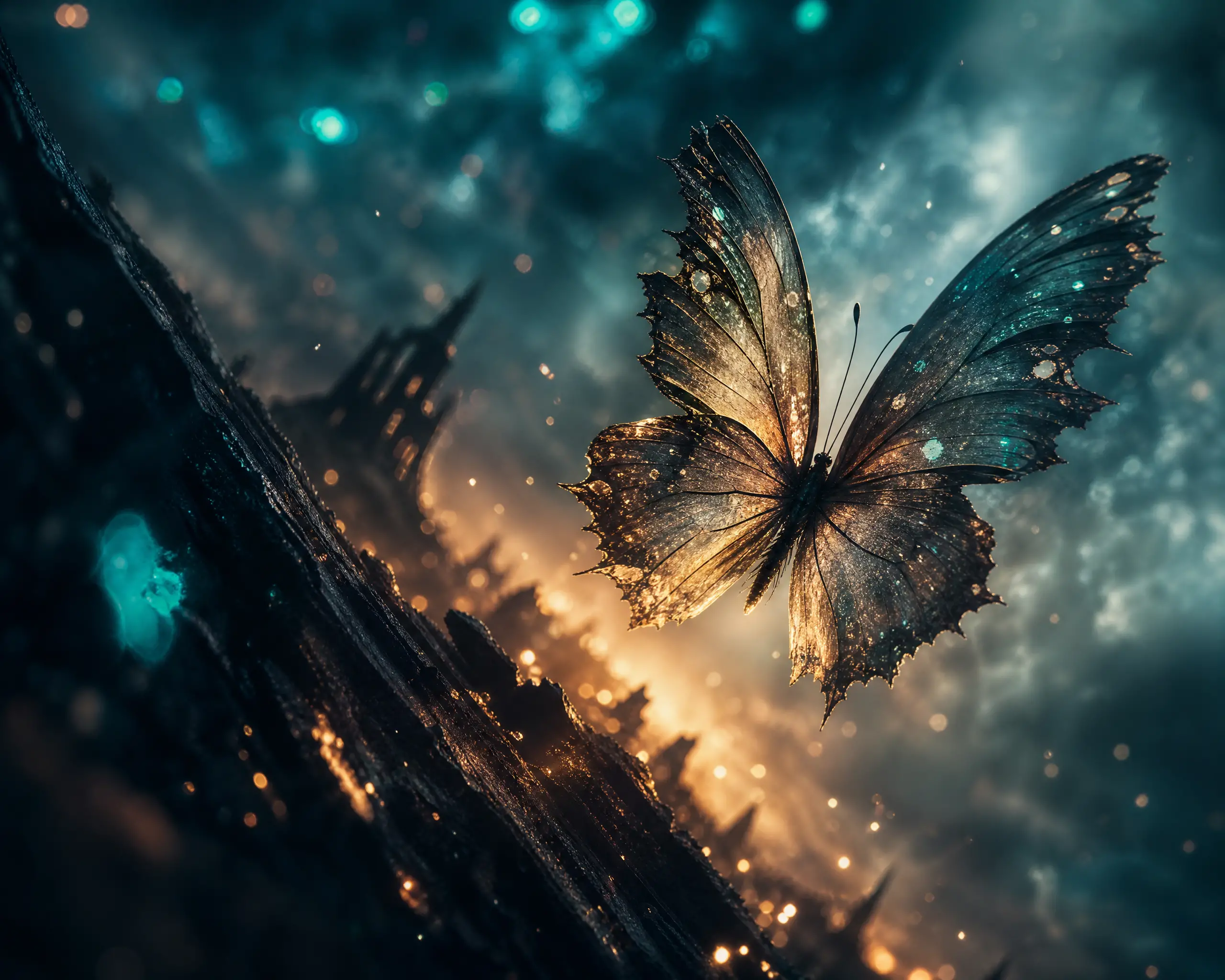 Mariposa translúcida y desgarrada elevándose hacia un cielo nocturno surrealista