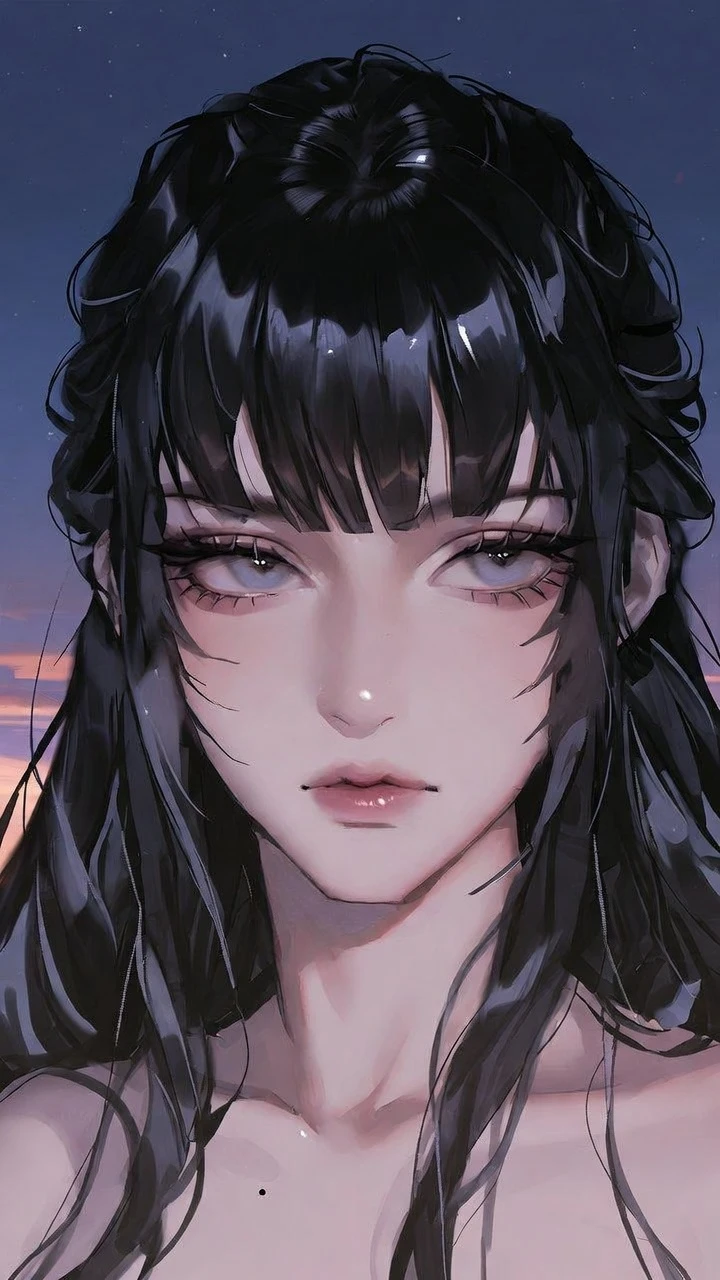 清澈暮光夜空下的優雅動漫少女