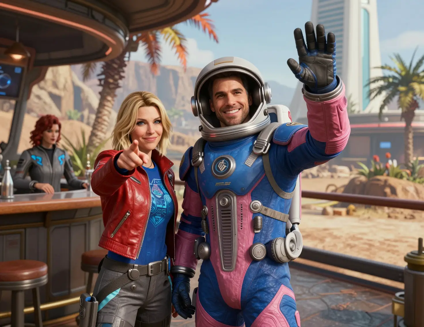 Astronaute souriant faisant signe à côté d’une femme sur une terrasse alien