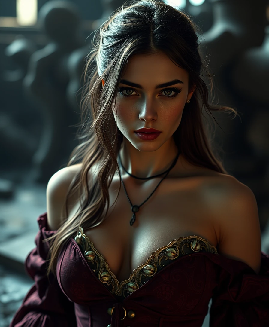 Enigmatic witch on trial amid ancient ruins and symbols