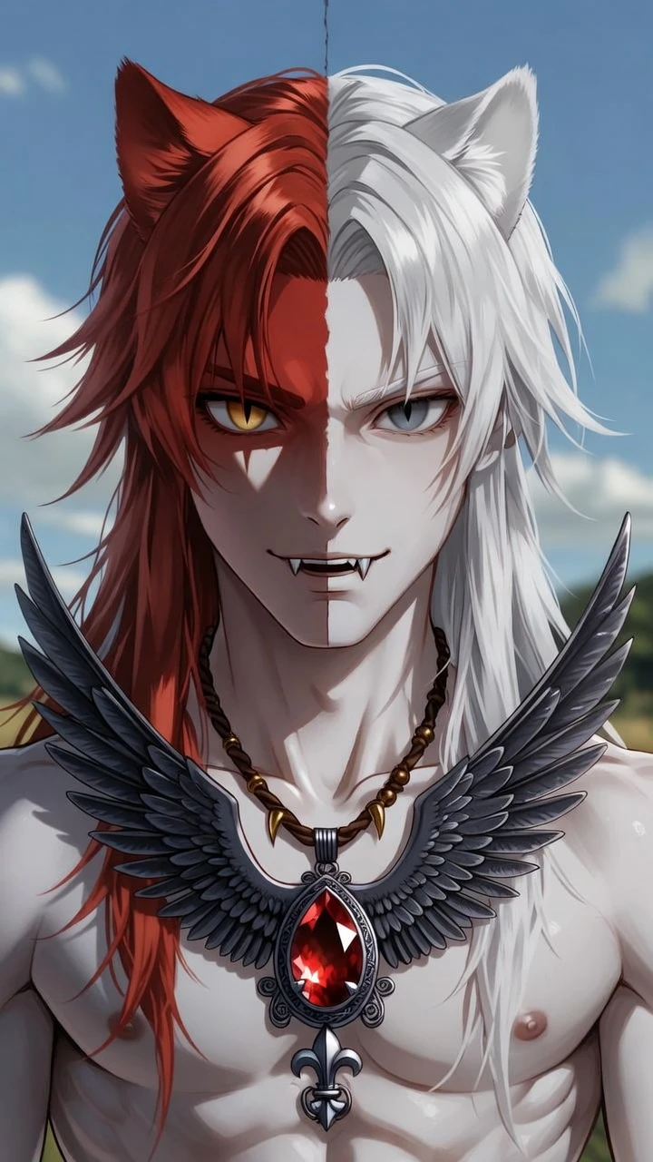 Homem de anime heterocromático com cabelo dividido em vermelho e branco ao ar livre