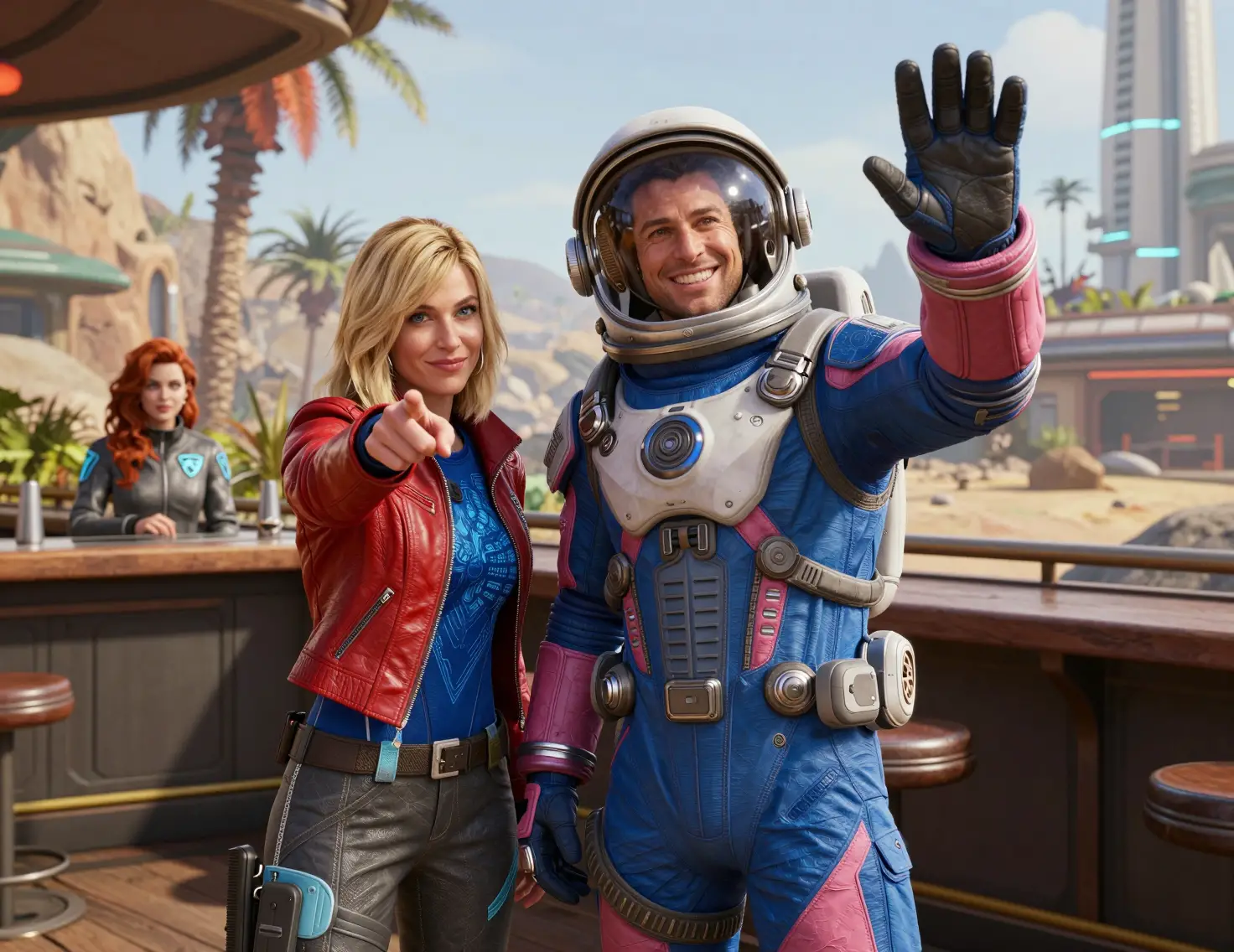 Astronaute souriant faisant signe à côté d’une femme dans un bar futuriste