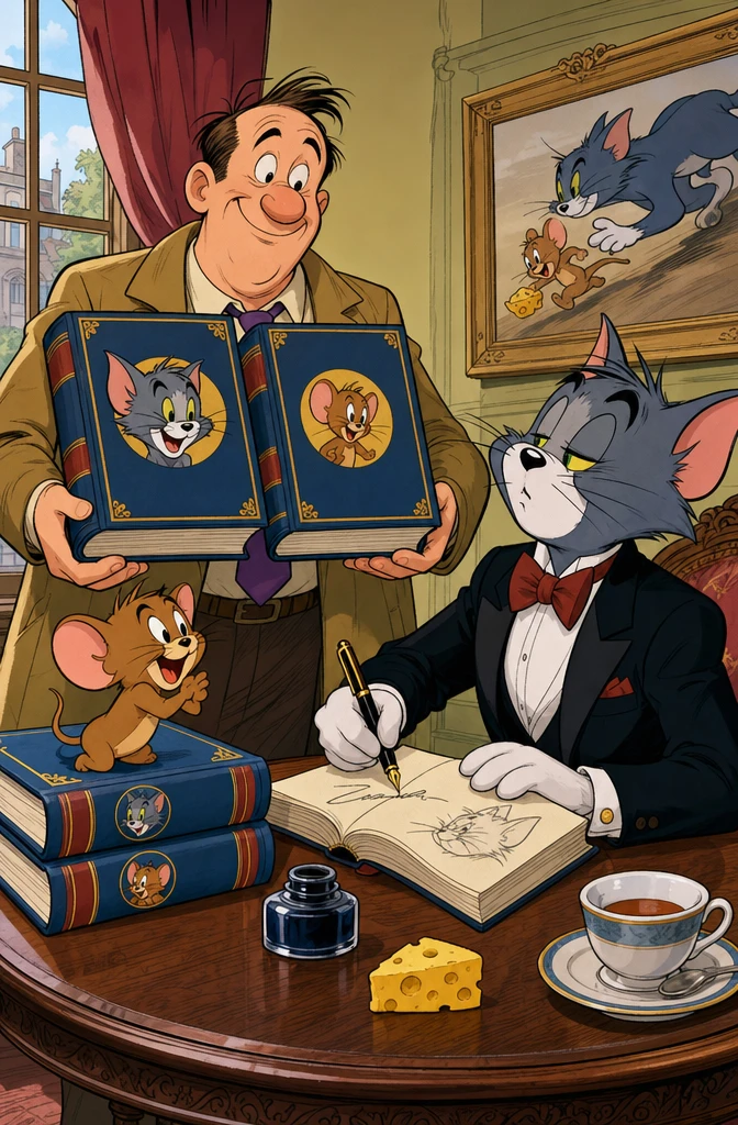 Humorvolle Comic-Illustration eines Trios aus Katze und Maus