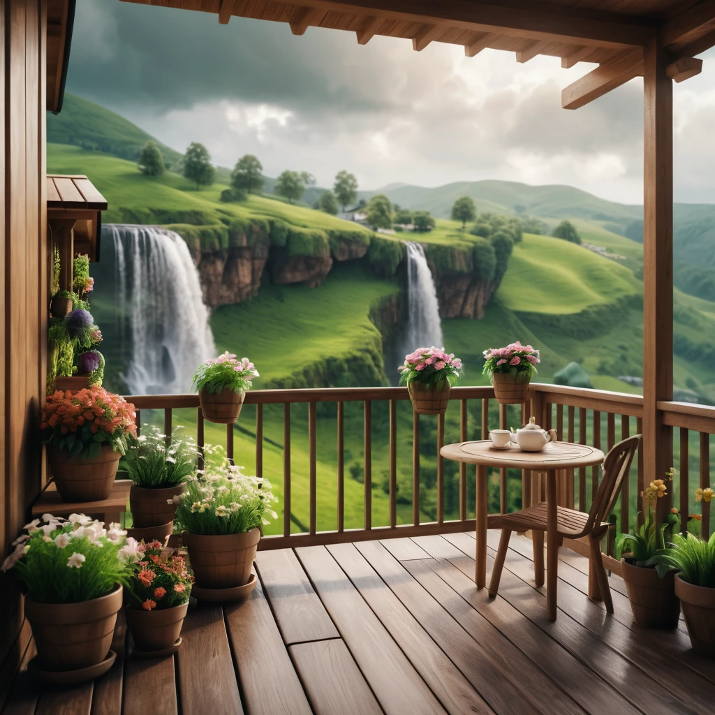 Gemütlicher Landbalkon mit Blick auf grüne Hügel und Wasserfälle