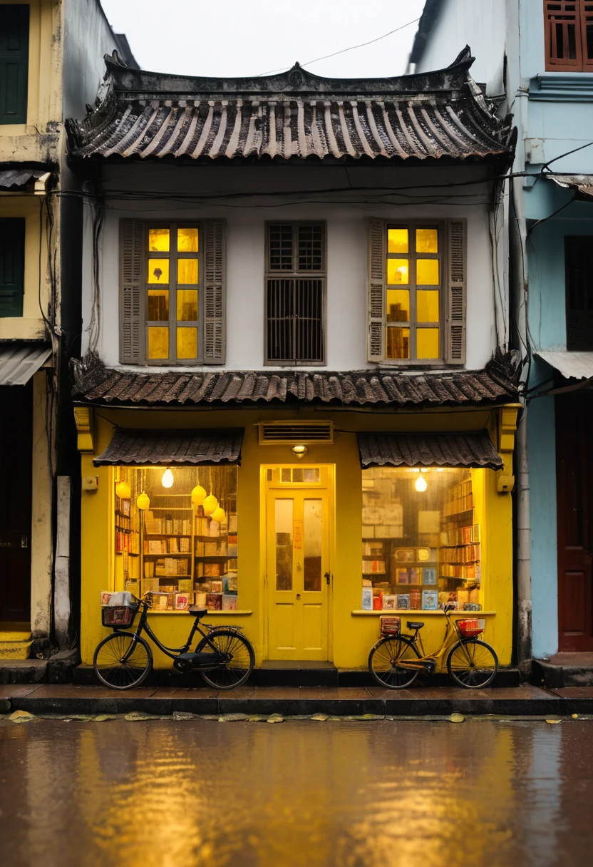 Rua dos livros em Hanói em miniatura tilt shift sob a chuva da tarde