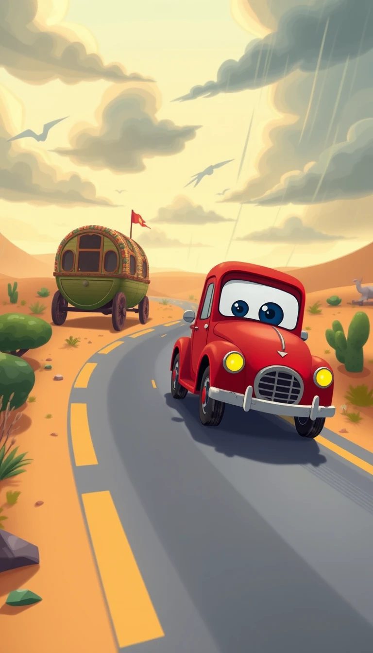 Pequena caravana de carros em desenho animado viajando por deserto ventoso