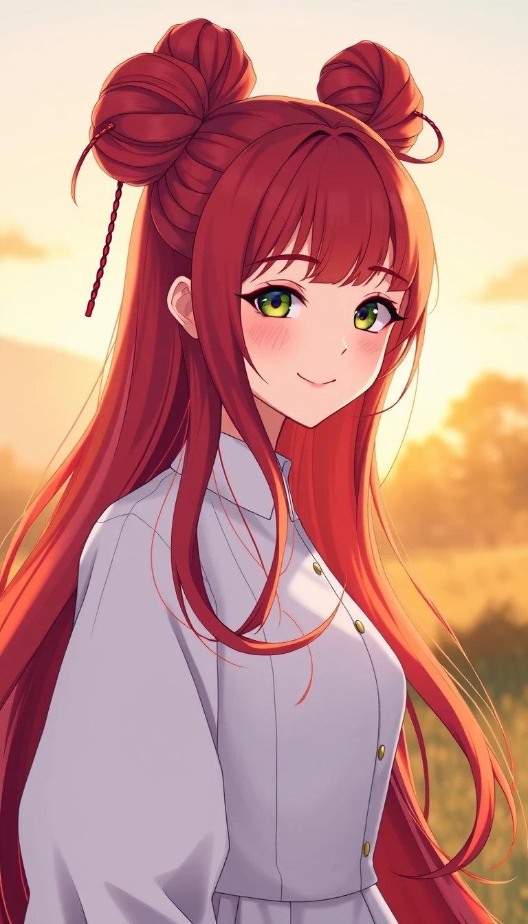 日出時柔和戶外景色中的紅髮動畫少女