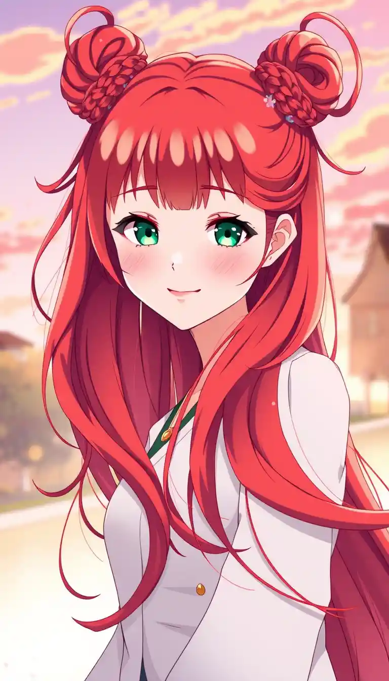 Red haired anime girl at sunrise in natural landscape
