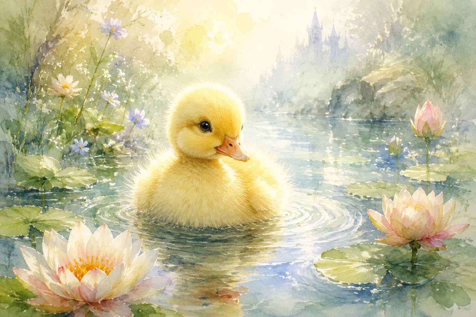 Patito en acuarela entre flores suaves en un estanque tranquilo