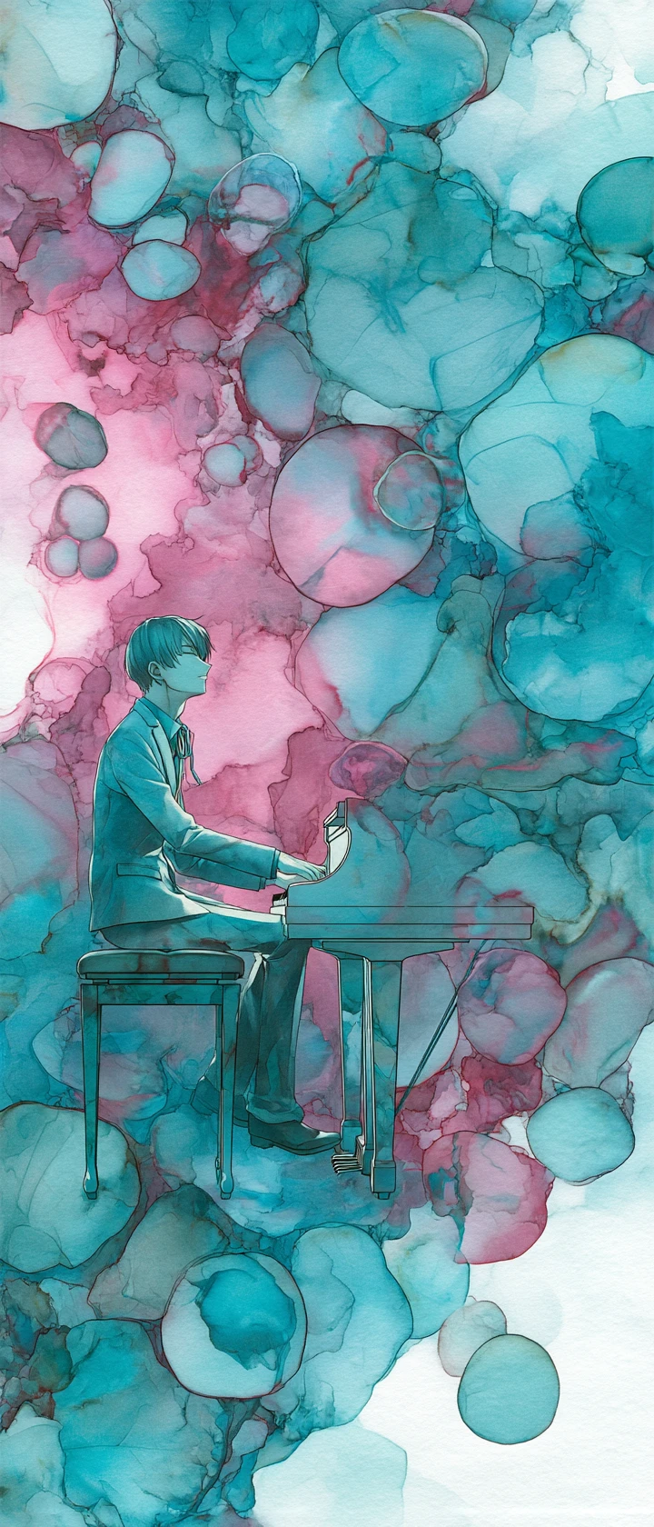 Músico de anime ao piano de teclas oníricas em tinta dissolvida