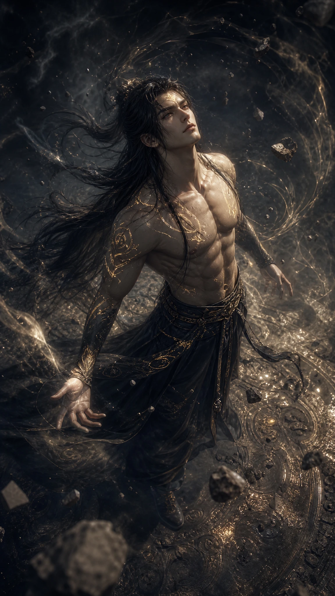 Potente uomo fantasy a torso nudo visto dall’alto