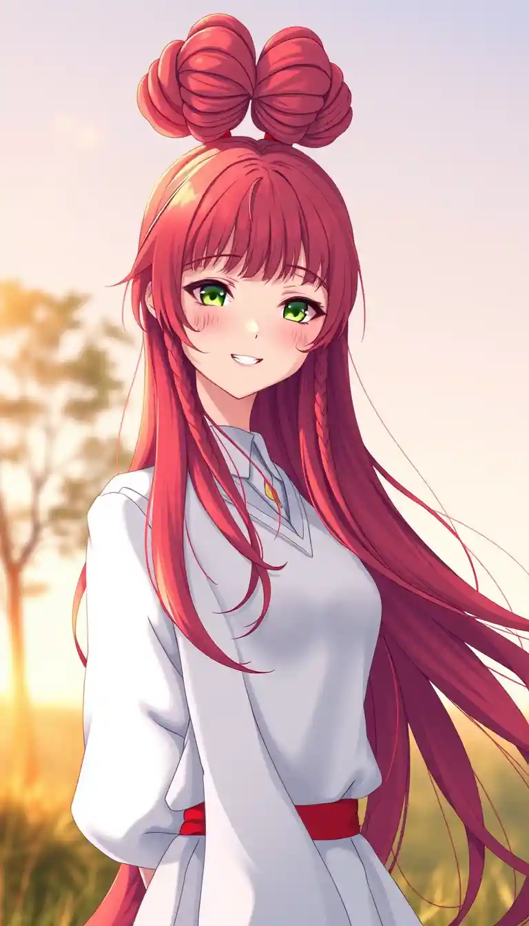 Ragazza anime con lunghi capelli rossi all'alba all'aperto