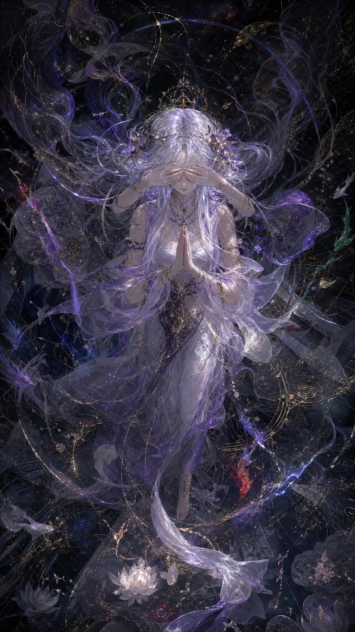 Fille d’anime éthérée aux quatre mains en prière cosmique