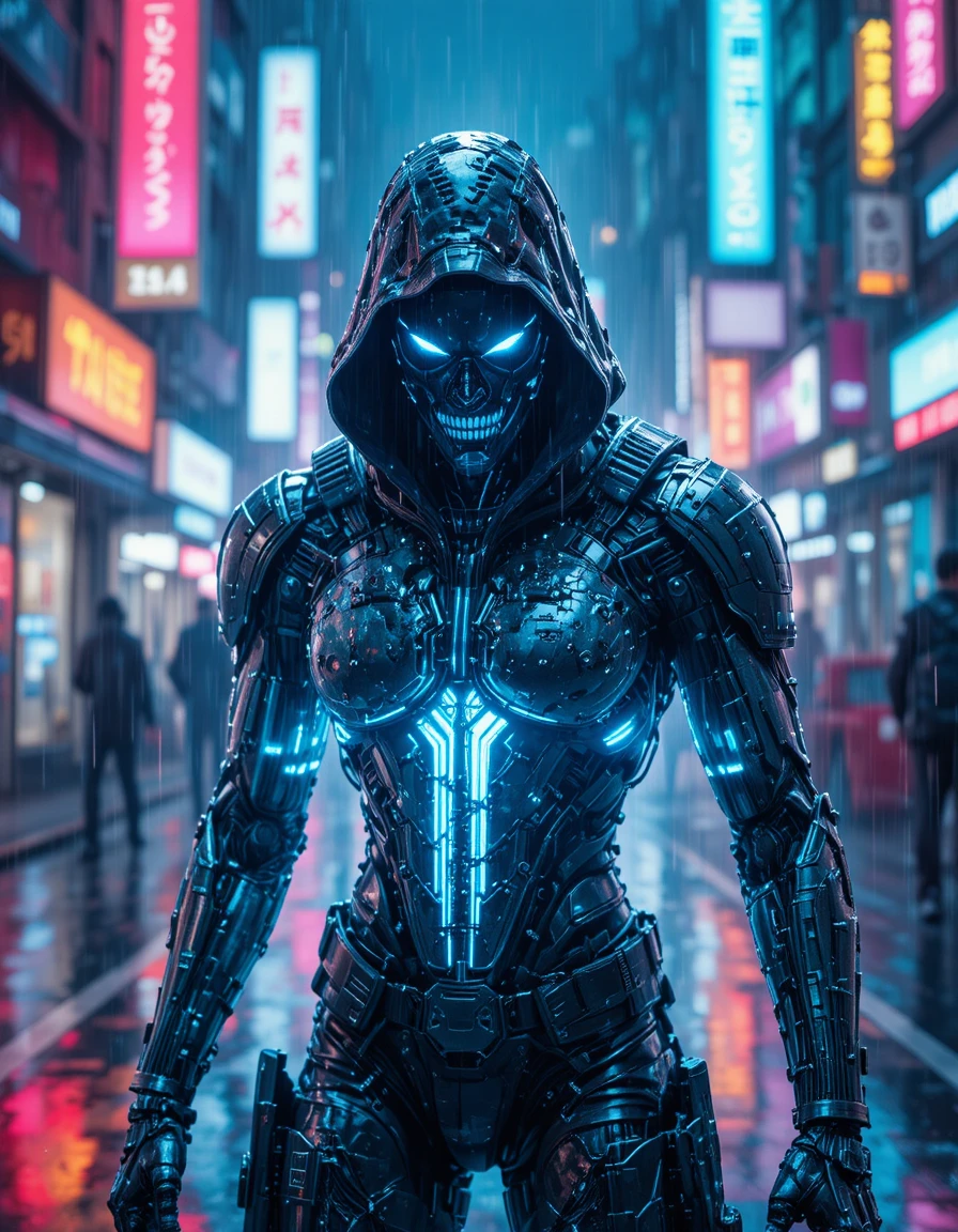 Assassino cibernético saltando pela chuva de néon em cidade futurista