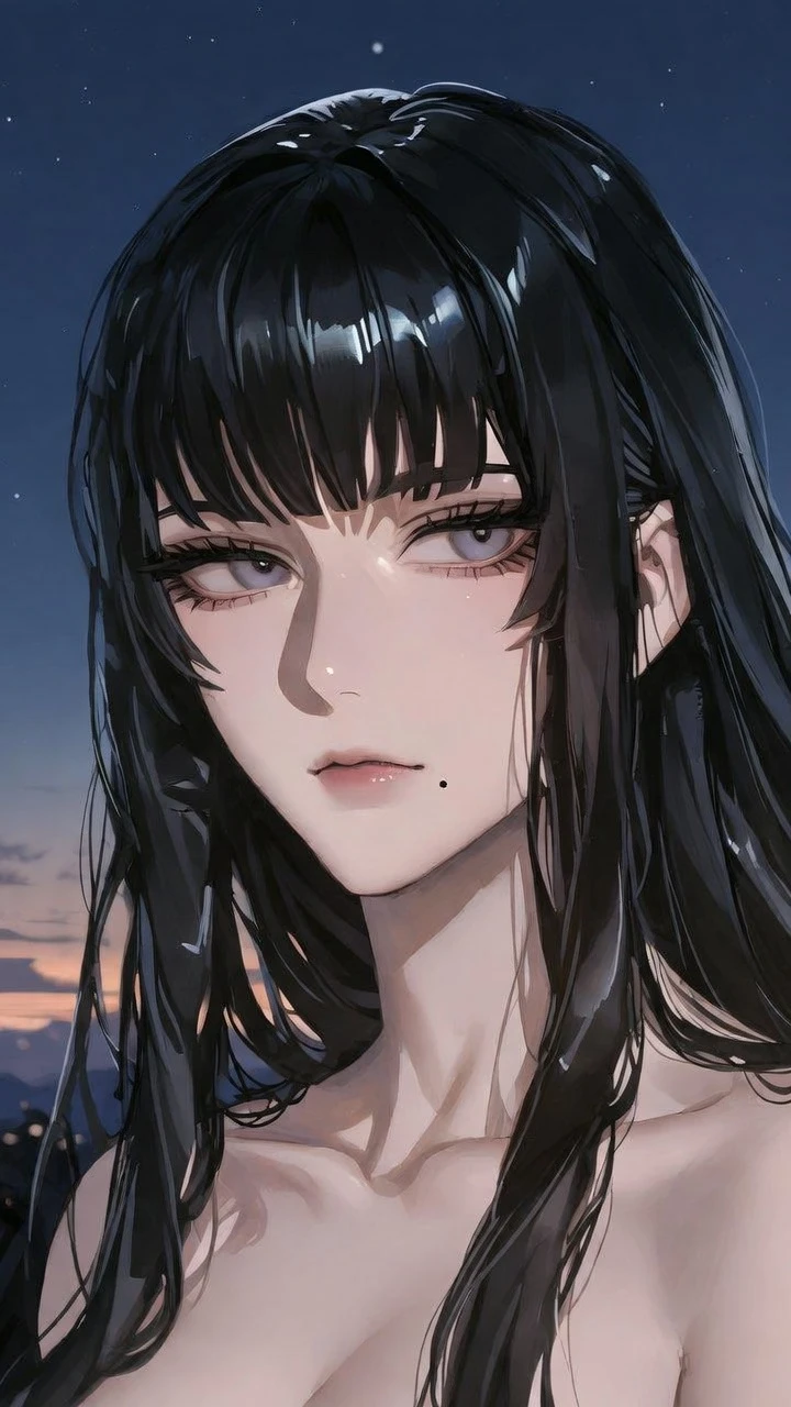 Elegante ragazza anime sotto un sereno cielo violetto al crepuscolo