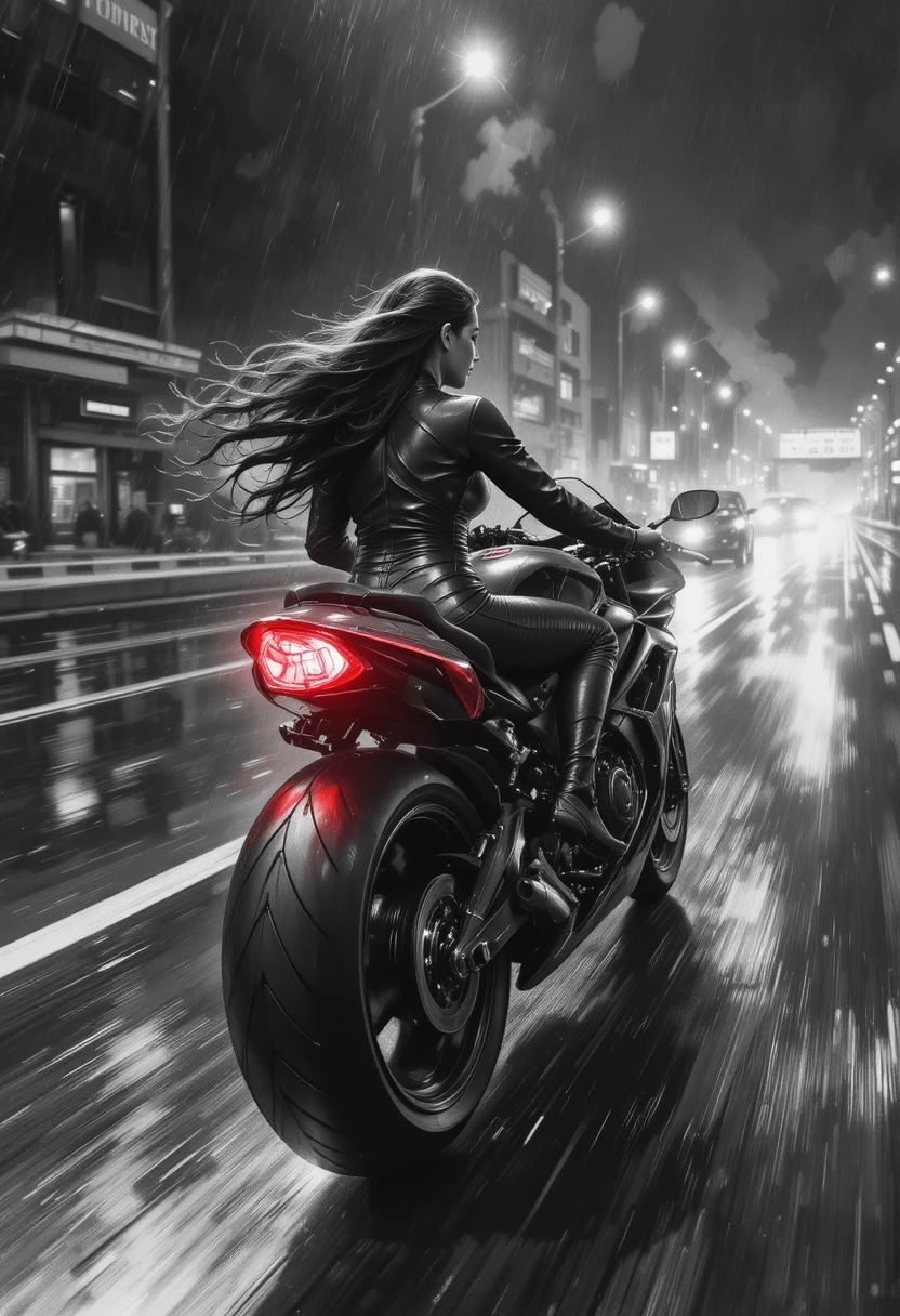 Casal em moto futurista correndo em rodovia molhada à noite