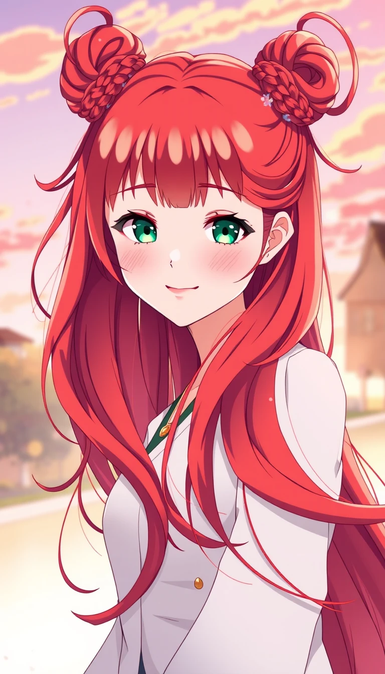 日出時自然景觀中的紅髮動漫少女