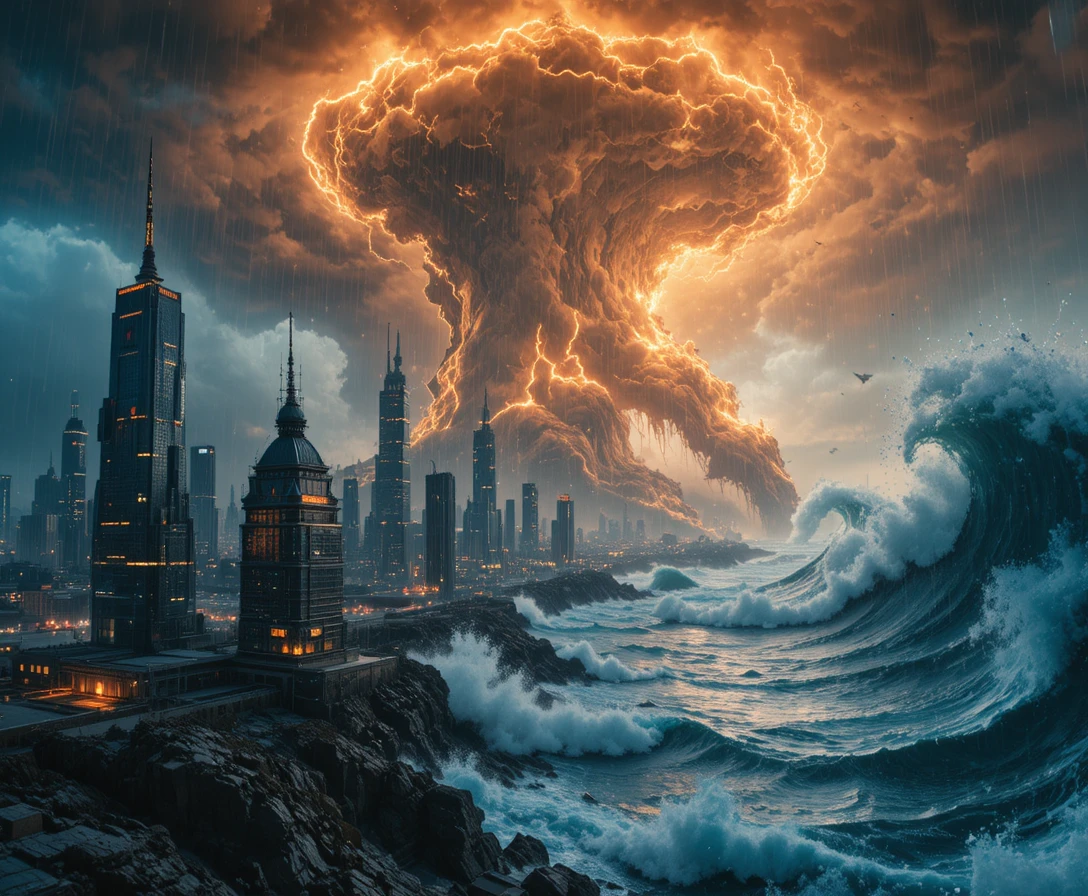 Tempête à l’échelle planétaire submerge une mégacité côtière futuriste