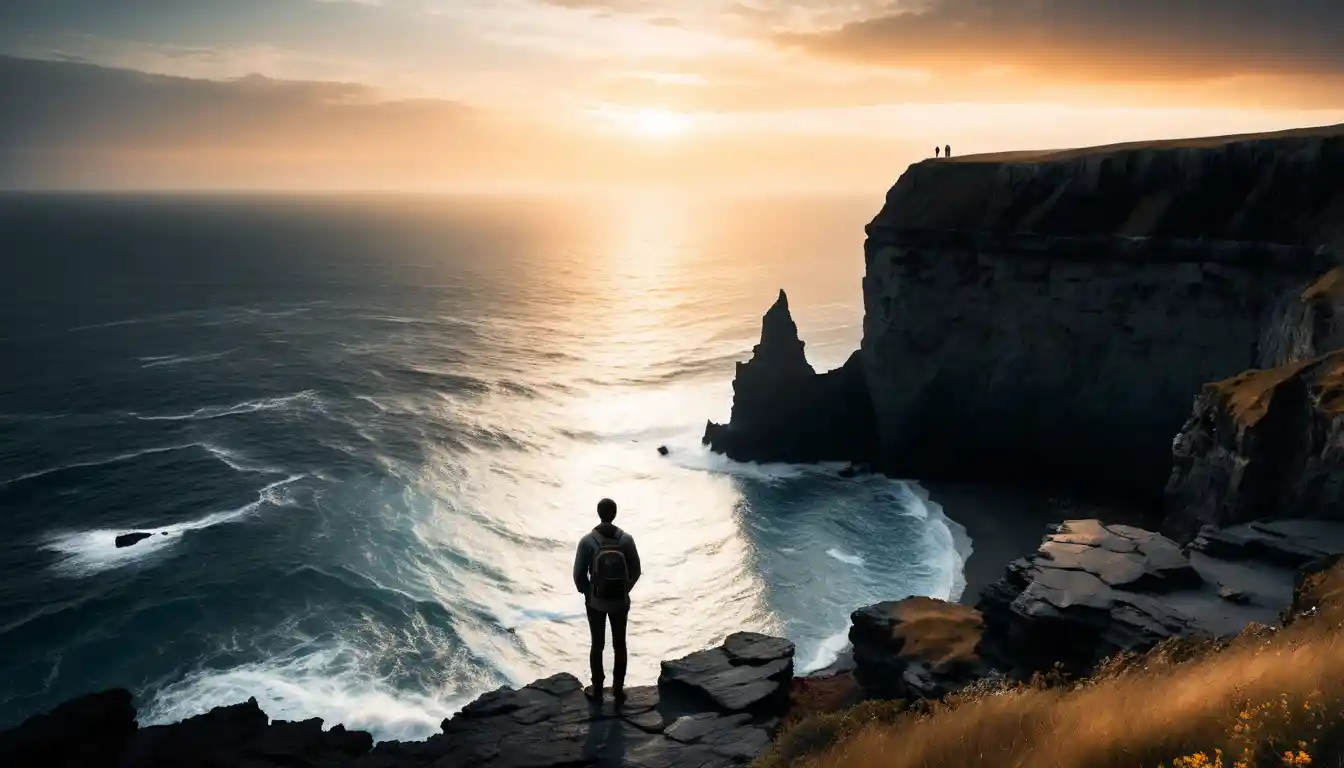 Solitary traveler on a crumbling cliff facing distant ocean horizon