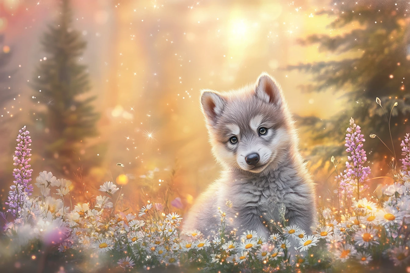 Filhote de lobo cinza fofo em um prado luminoso de flores silvestres