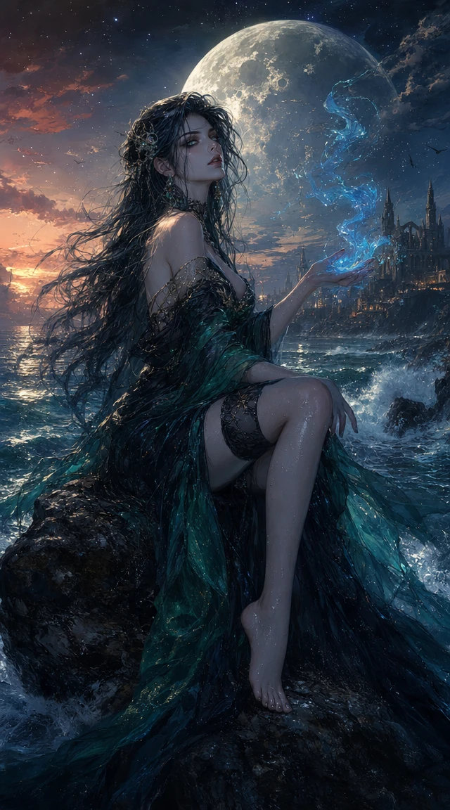 暮色中巨月下巨石上的海巫女