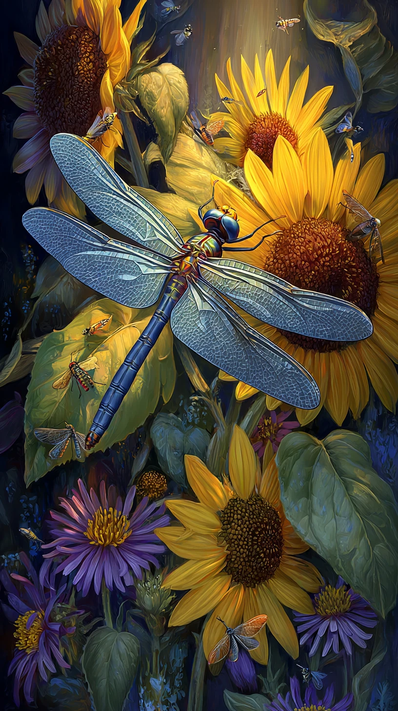 Libellule irisée reposant parmi des tournesols lumineux