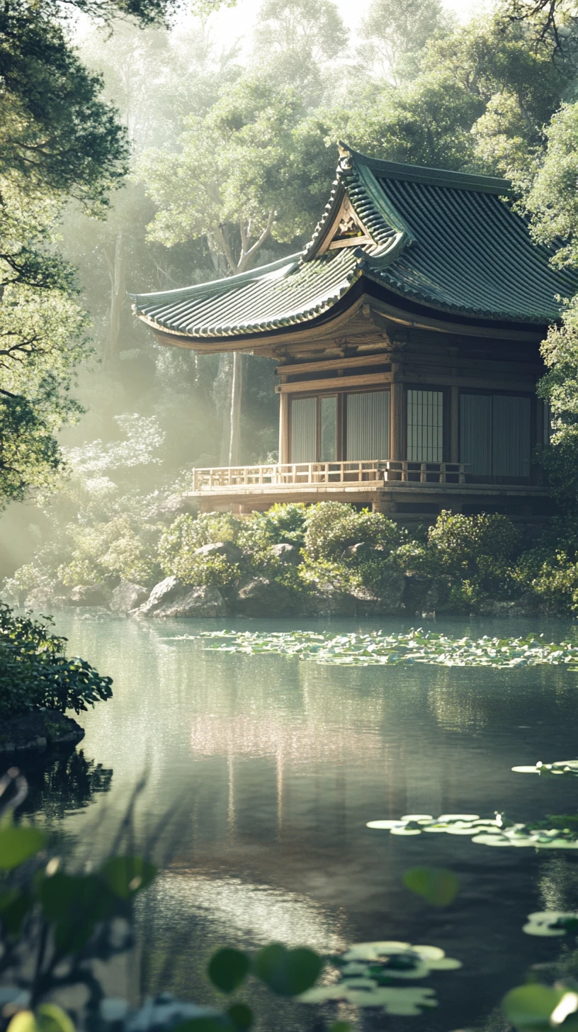 Templo japonês tranquilo refletido em lago de jardim