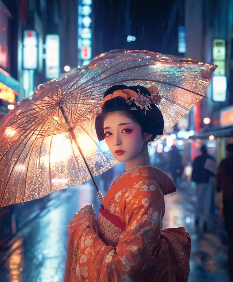 Anime geisha with umbrella on neon tokyo street