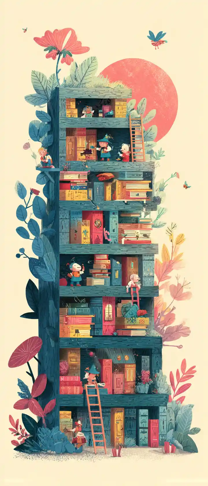Whimsical outdoor bookshelf world with tiny reading rooms