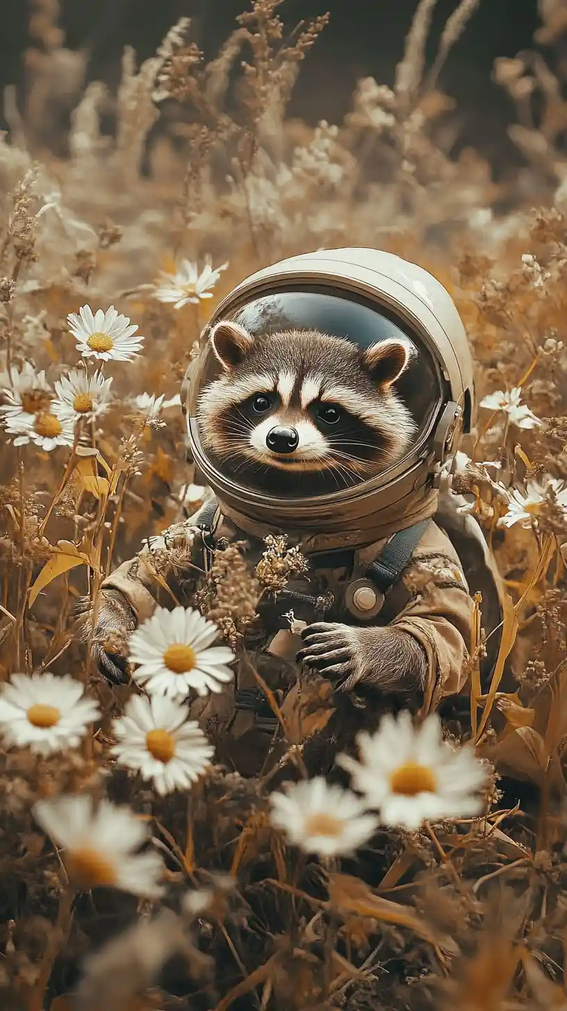 Fröhlicher Waschbär-Astronaut, der durch ein Blumenfeld läuft