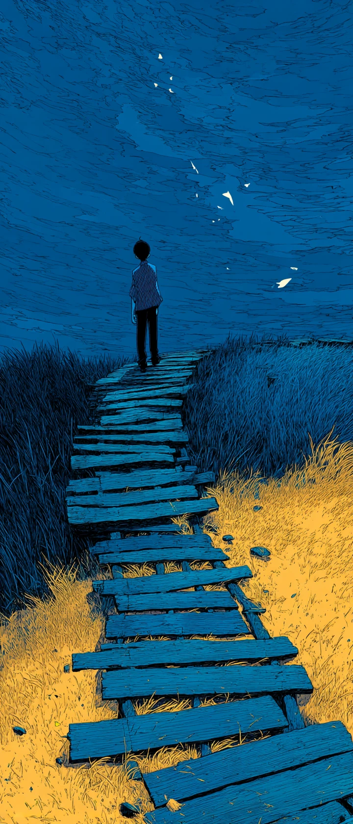 Anime boy alone on a bridge in his childhood village