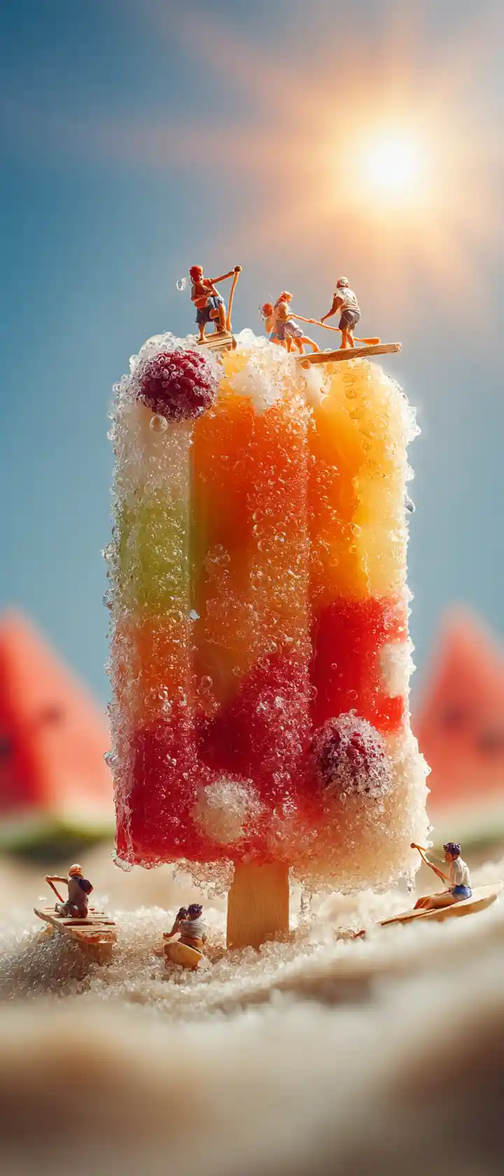 Giant melting popsicle in hot sand with tiny rowers