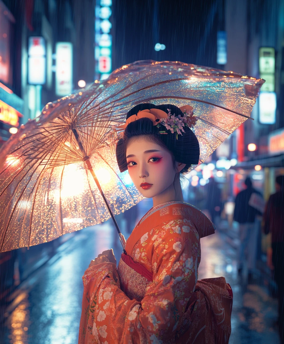 Geisha in stile anime con ombrello in una strada al neon di Tokyo