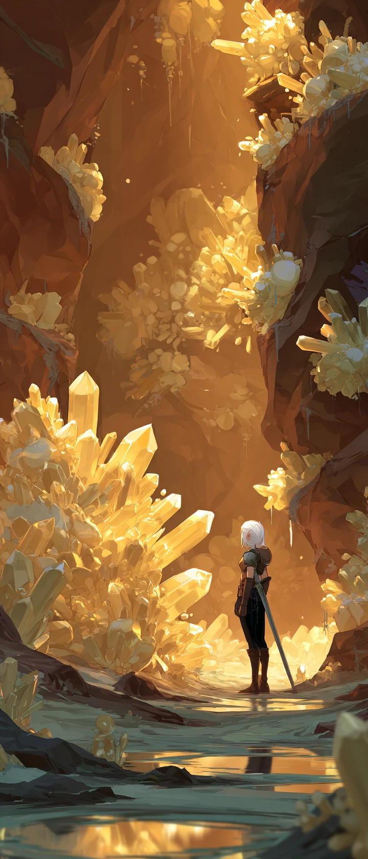 Guerrera explorando un pasaje de cueva de cristal brillante