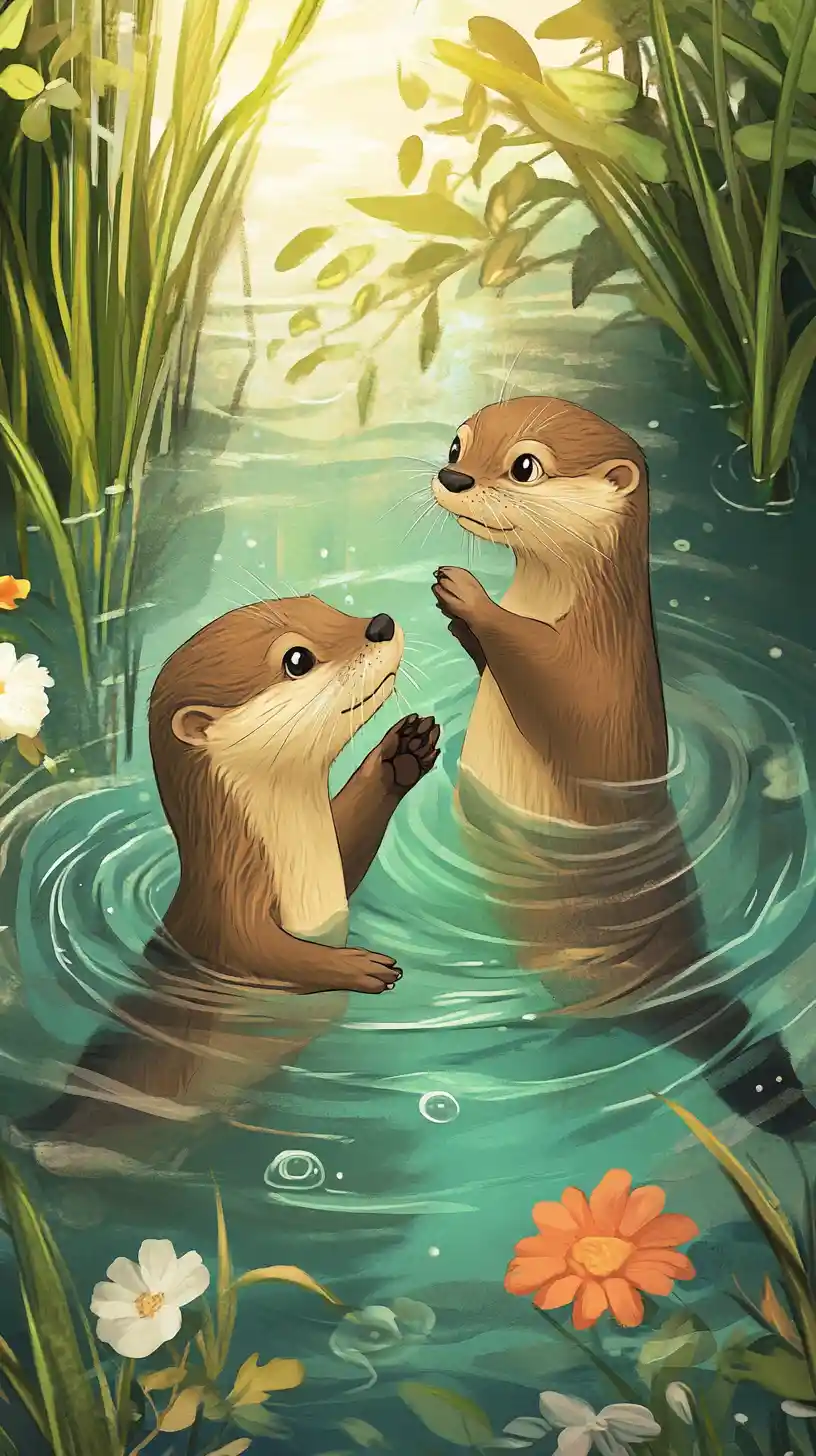 Two playful otters swimming together in a tranquil pond