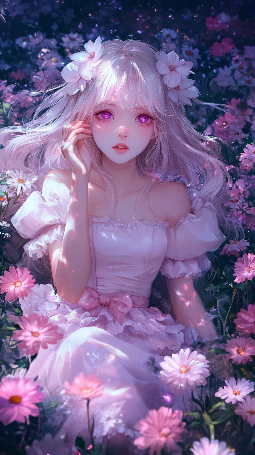 Ragazza anime con vestito rosa seduta in un campo di fiori magico
