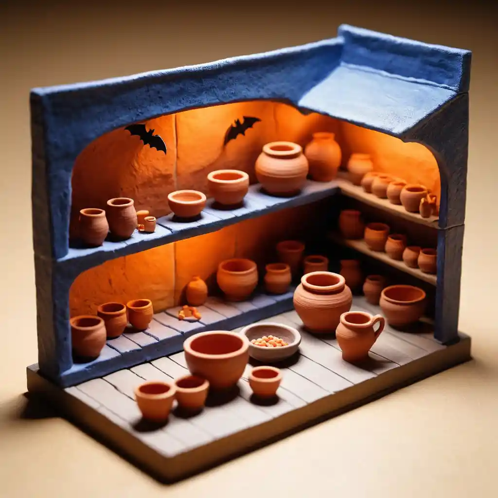 Diorama in miniatura di un laboratorio di ceramica illuminato dal fuoco del forno