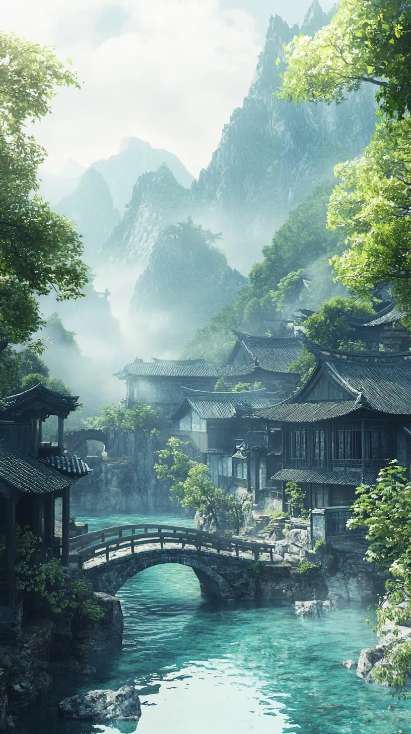 霧氣縈繞群山中的河畔寧靜中國村莊