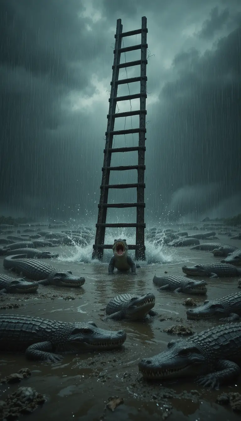 Small crocodile approaches ladder in dark rainy swamp