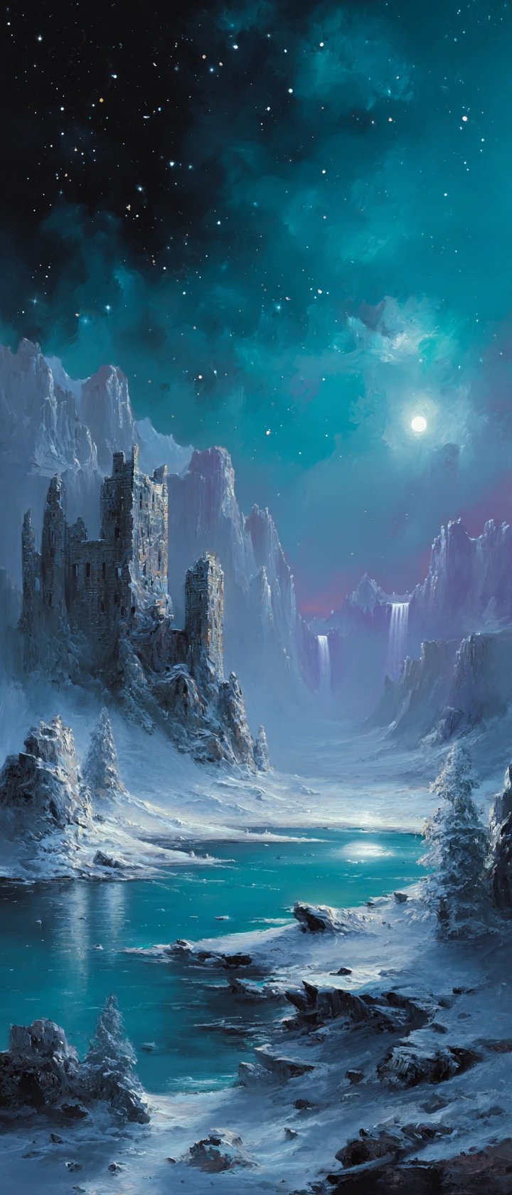 Castello di fantasia innevato riflesso in un lago al chiaro di luna